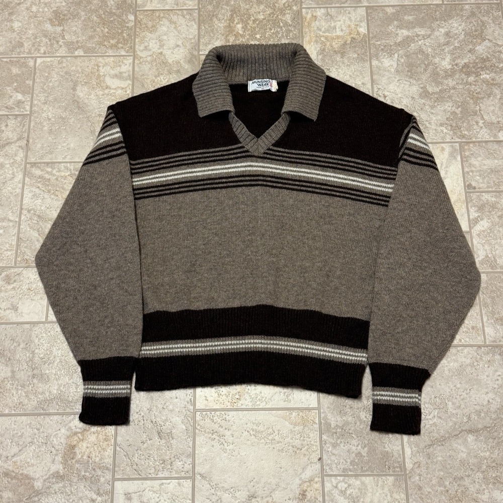 Vintage Munsingwear Penguin Sweater V-Neck With Collar Brown USA Men's XL